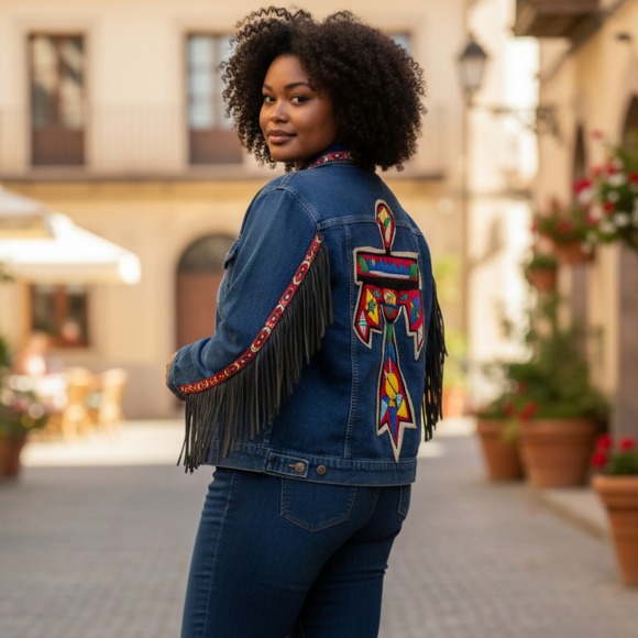 Vintage Woman Within Thunderbird Fringe Aztec Y2K Denim Jacket 24W - Picture 3 of 6